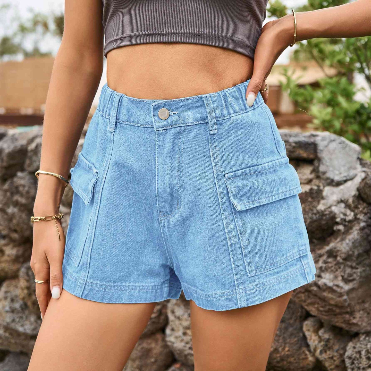 High-Waist Denim Shorts with Pockets Bazaarbey