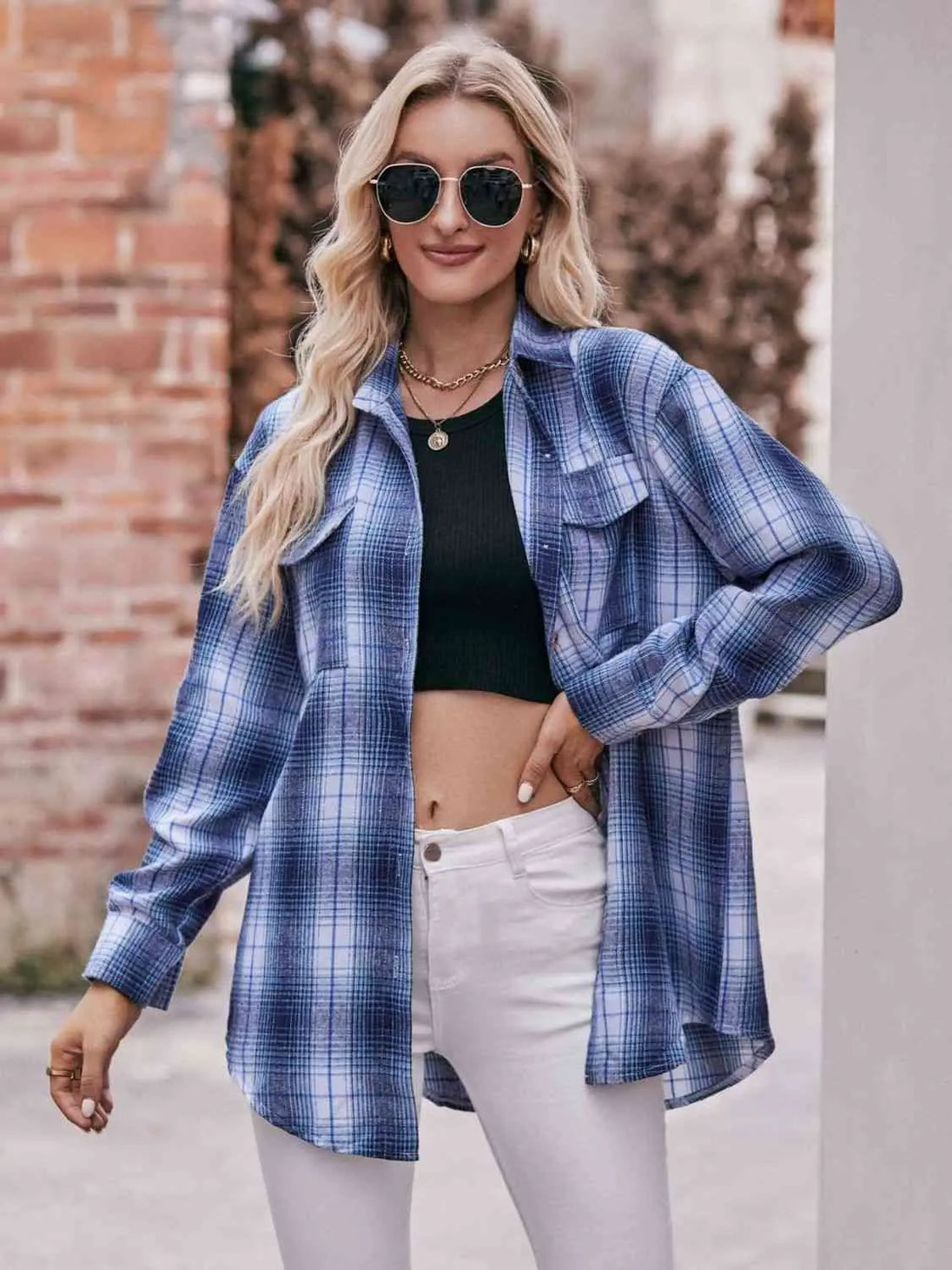 Plaid Dropped Shoulder Longline Shirt Trendsi