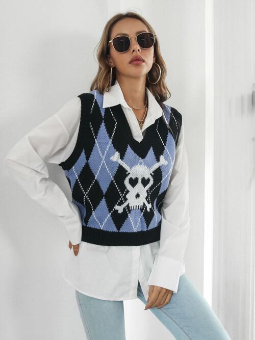 Skull  V-Neck Sweater Vest Trendsi