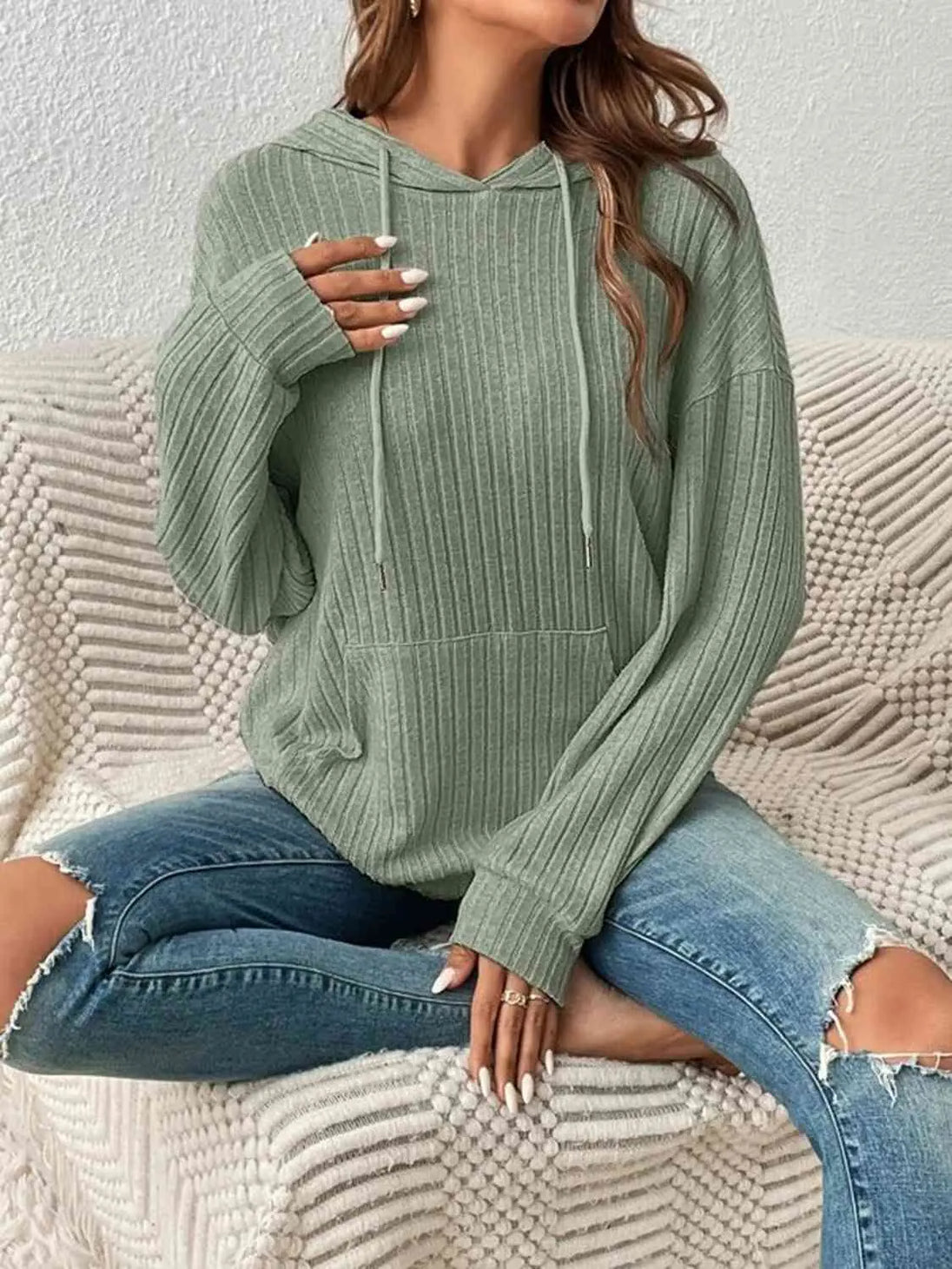 Ribbed Dropped Shoulder Drawstring Hoodie Bazaarbey