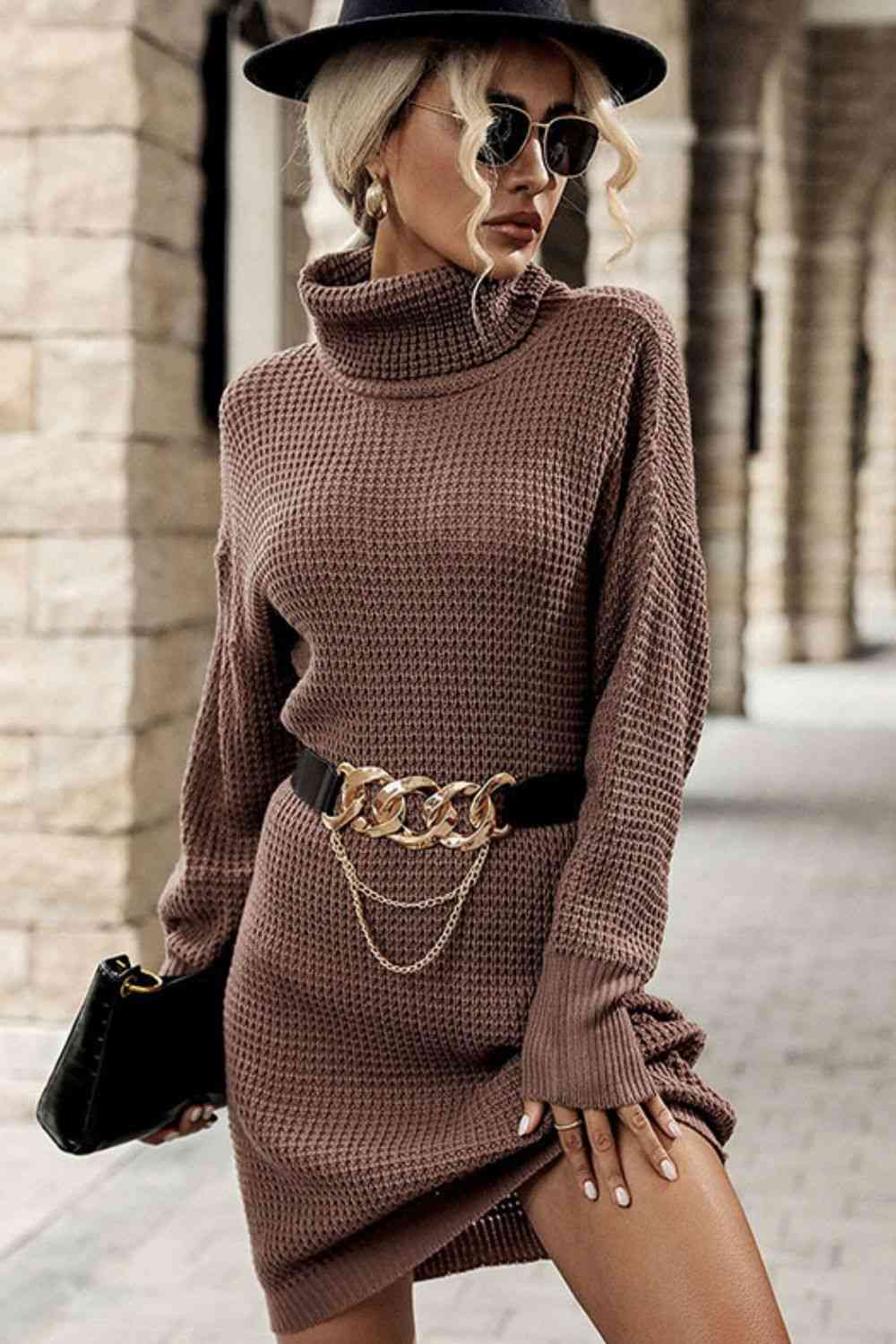 Turtleneck Dropped Shoulder Mini Sweater Dress Bazaarbey