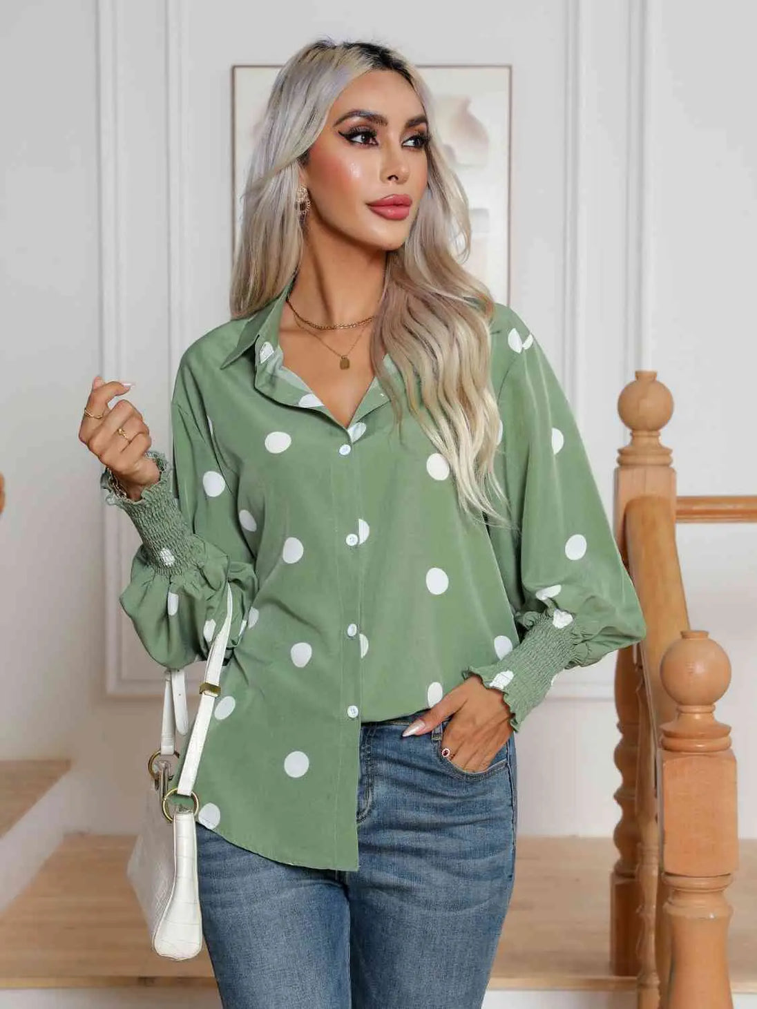  Collared Neck Buttoned Lantern Sleeve Shirt Bazaarbey