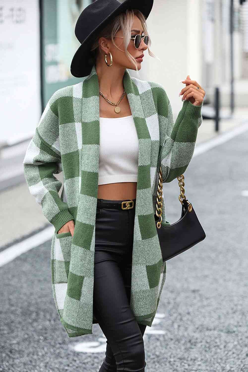 Plaid Dropped Shoulder Cardigan with Pocket Bazaarbey