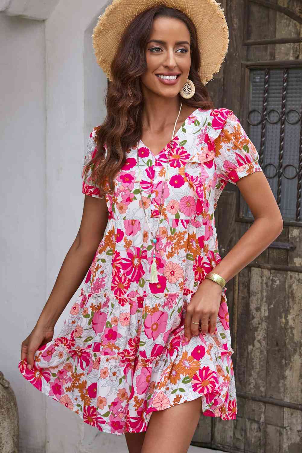 Floral V-Neck Short Sleeve Dress -BazaarBey - www.shopbazaarbey.com