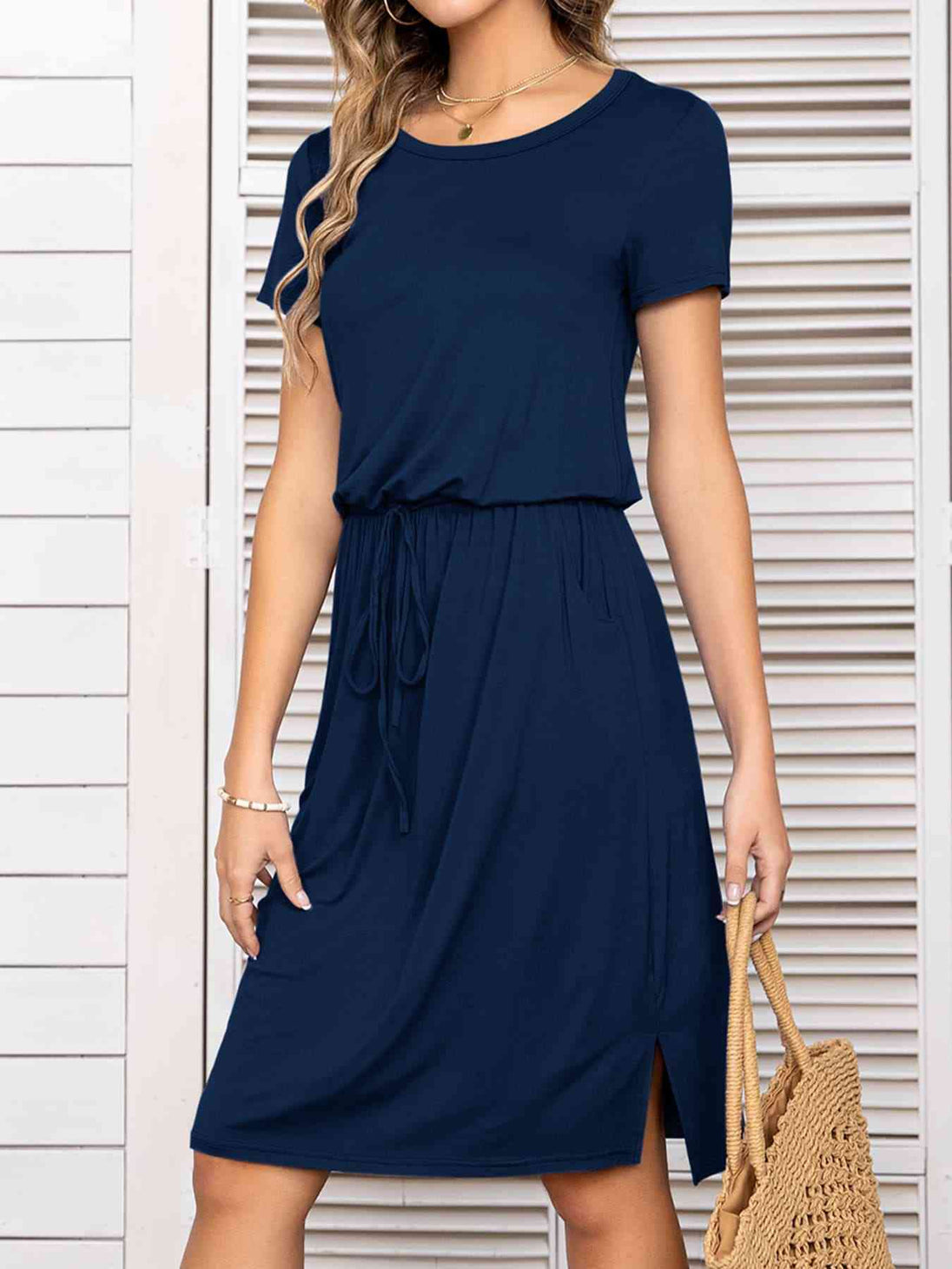 Round Neck Short Sleeve Slit Dress with Pockets -BazaarBey - www.shopbazaarbey.com