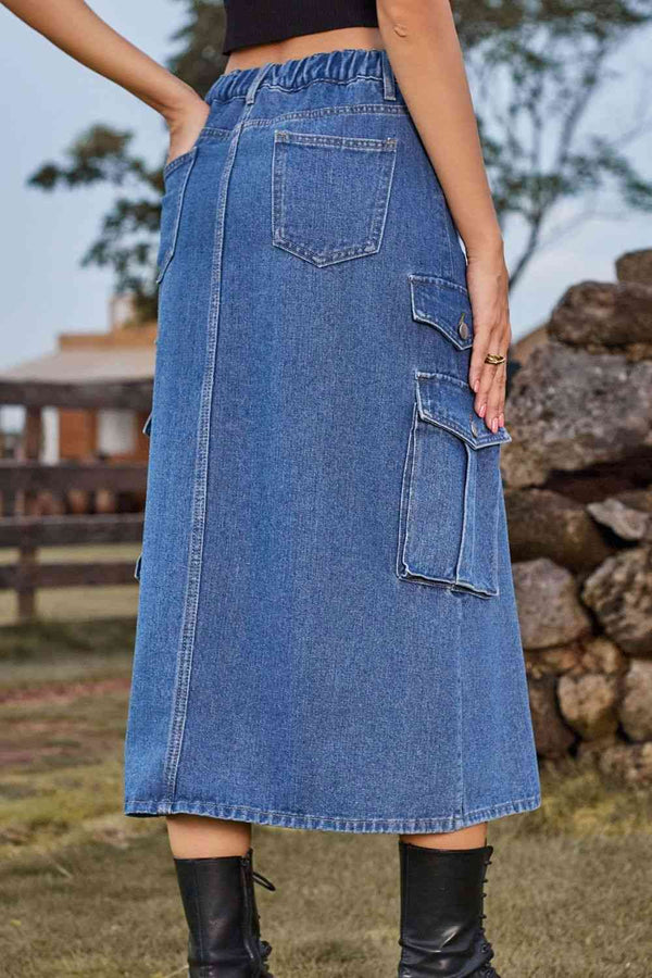 Slit Front Midi Denim Skirt with Pockets Trendsi