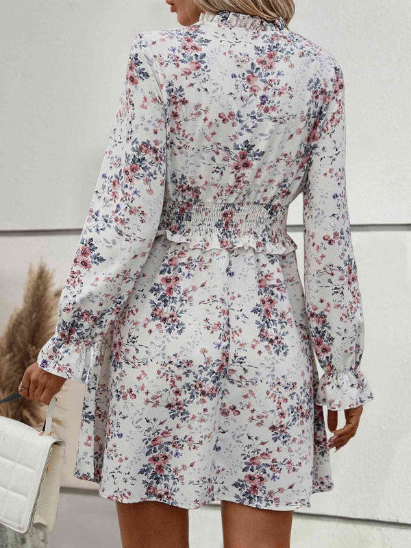 Floral Tie Neck Smocked Waist Dress -BazaarBey - www.shopbazaarbey.com