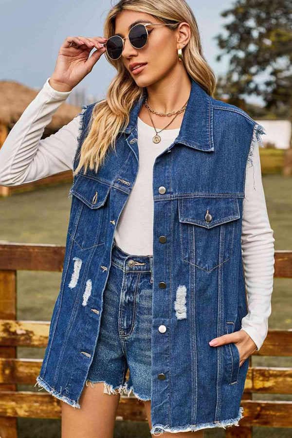 Sleeveless Button-Up Collared Denim Top with Pockets Bazaarbey