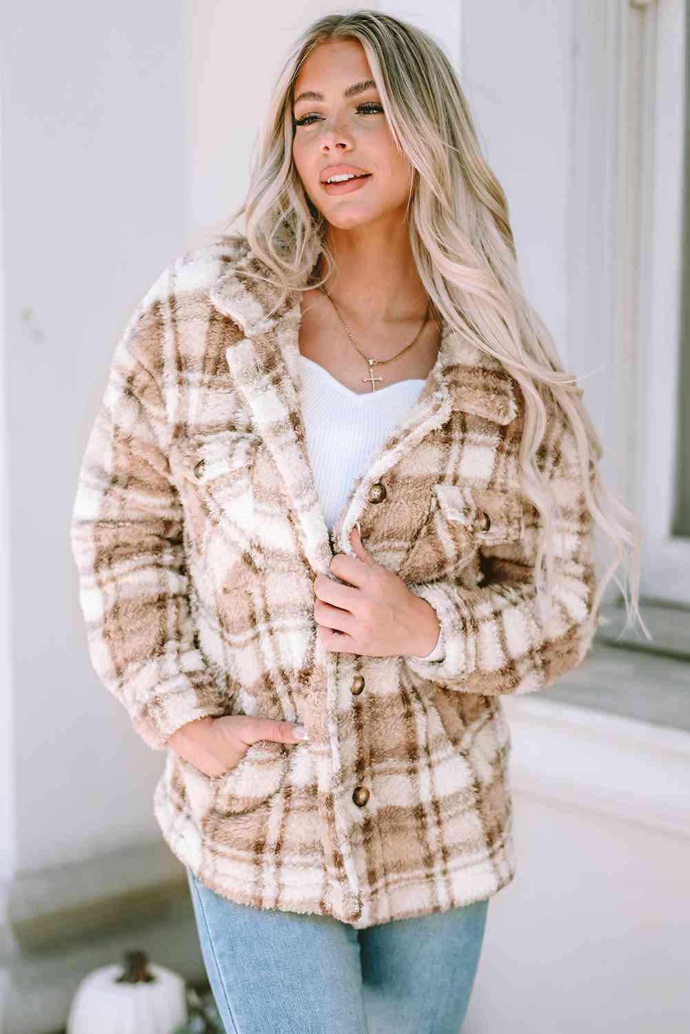 Plaid Collared Neck Jacket Trendsi