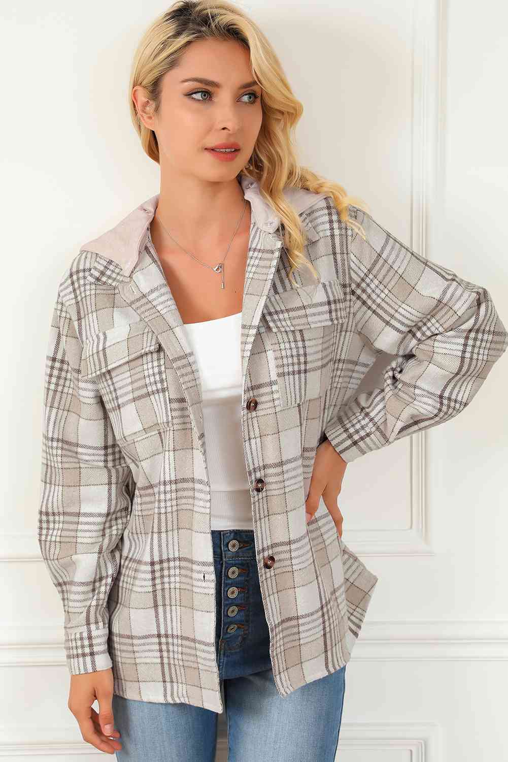 Plaid Button Down Hooded Jacket Trendsi