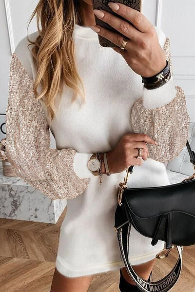 Sequin Long Sleeve Round Neck Mini Dress Bazaarbey