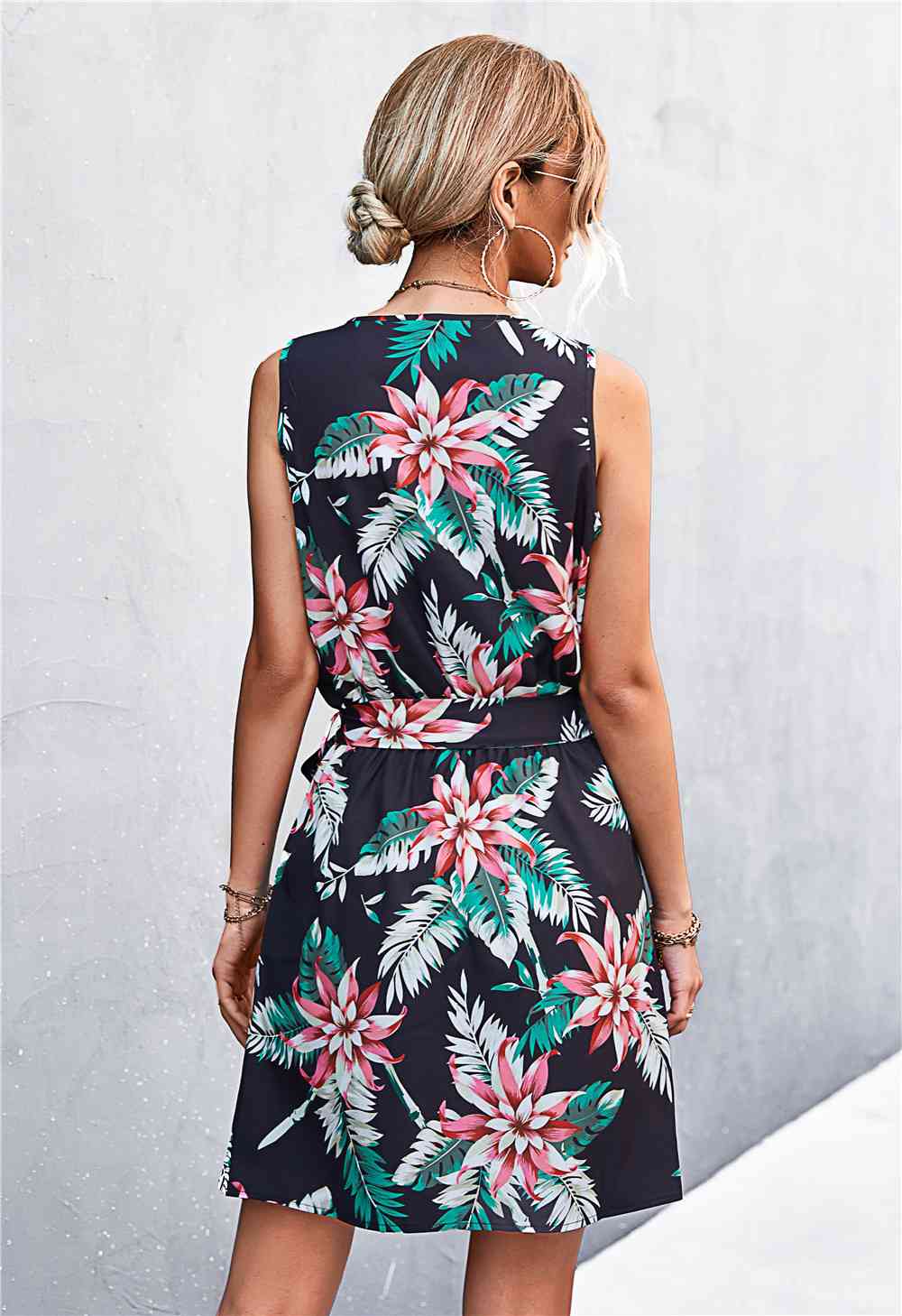 Printed Zip Detail Belted Sleeveless Dress -BazaarBey - www.shopbazaarbey.com