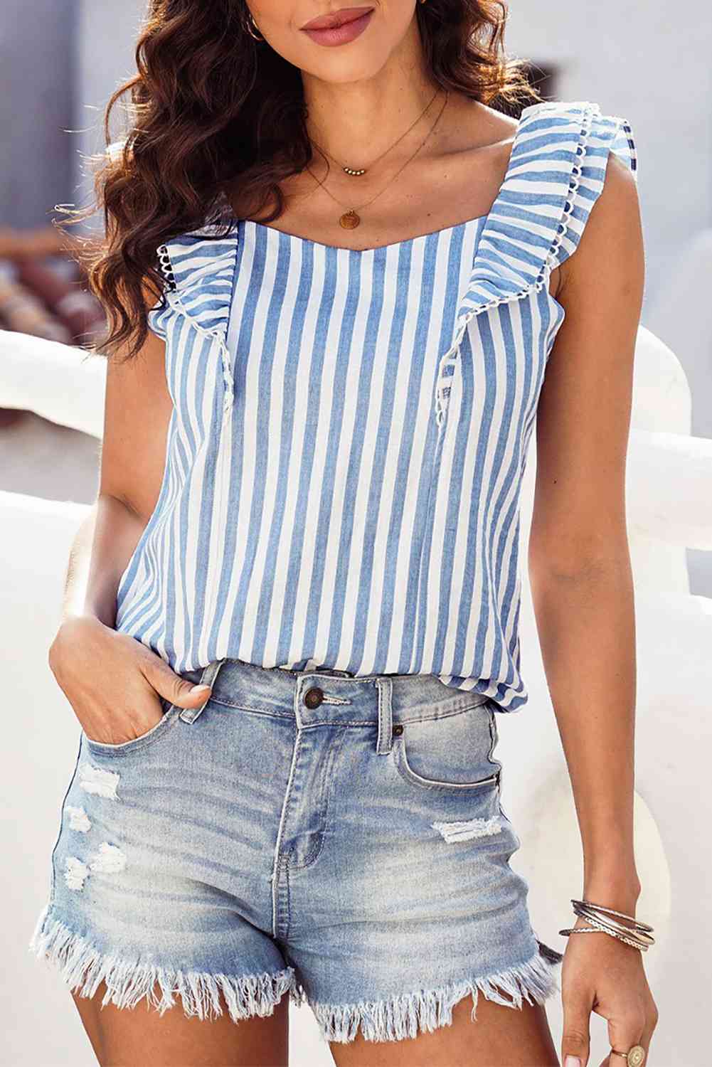 Striped Tie Back Ruffled Tank Bazaarbey