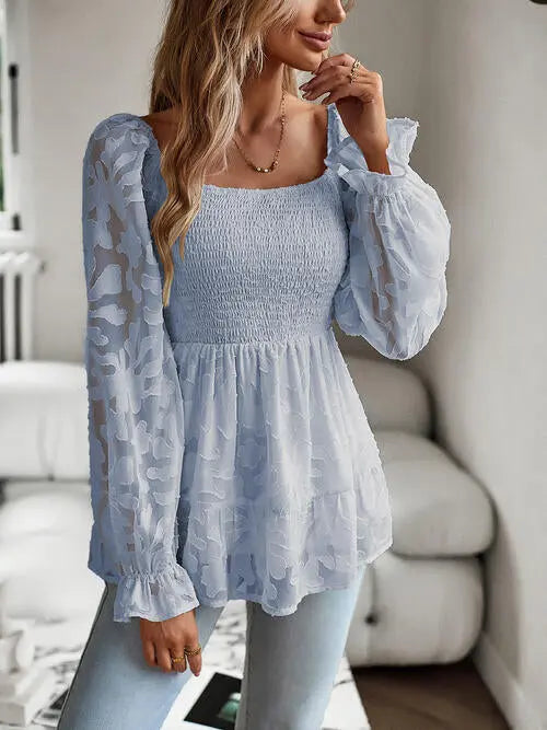 Smocked Flounce Sleeve Peplum Blouse Bazaarbey