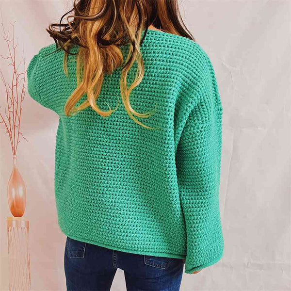 Openwork Boat Neck Long Sleeve Sweater Bazaarbey