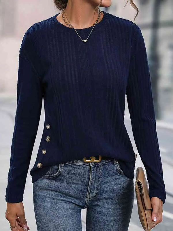 Buttoned Round Neck Knit Top Bazaarbey