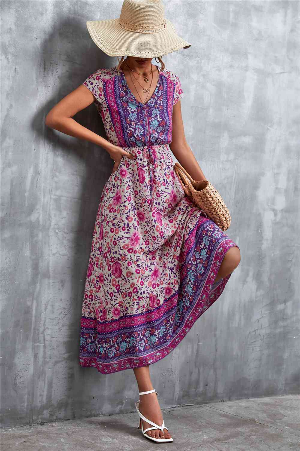 V-Neck Short Sleeve Printed Maxi Dress Bazaarbey