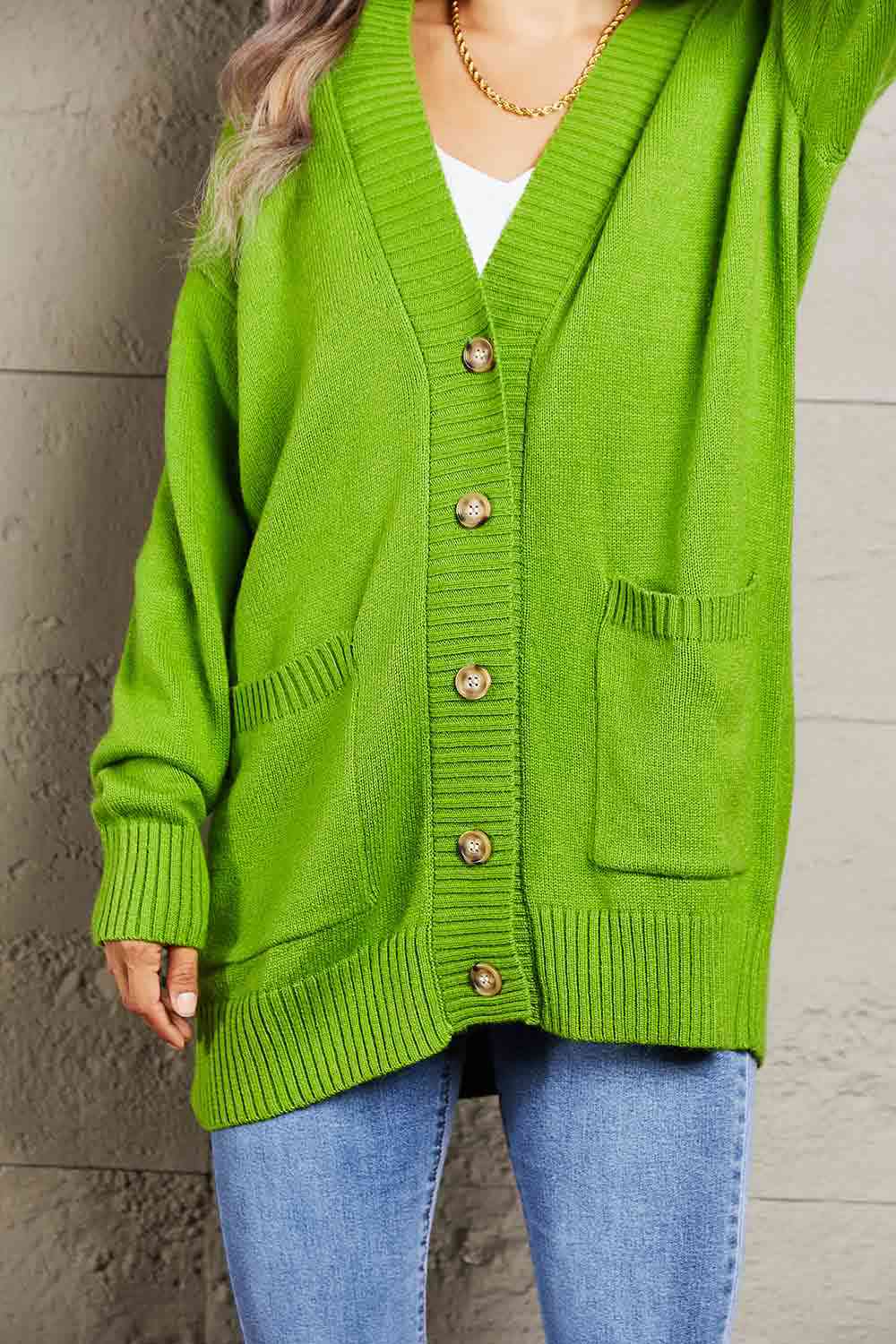  Ribbed Trim Dropped Shoulder Pocketed Cardigan Trendsi