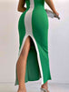 Contrast Wide Strap Slit Midi Dress -BazaarBey - www.shopbazaarbey.com