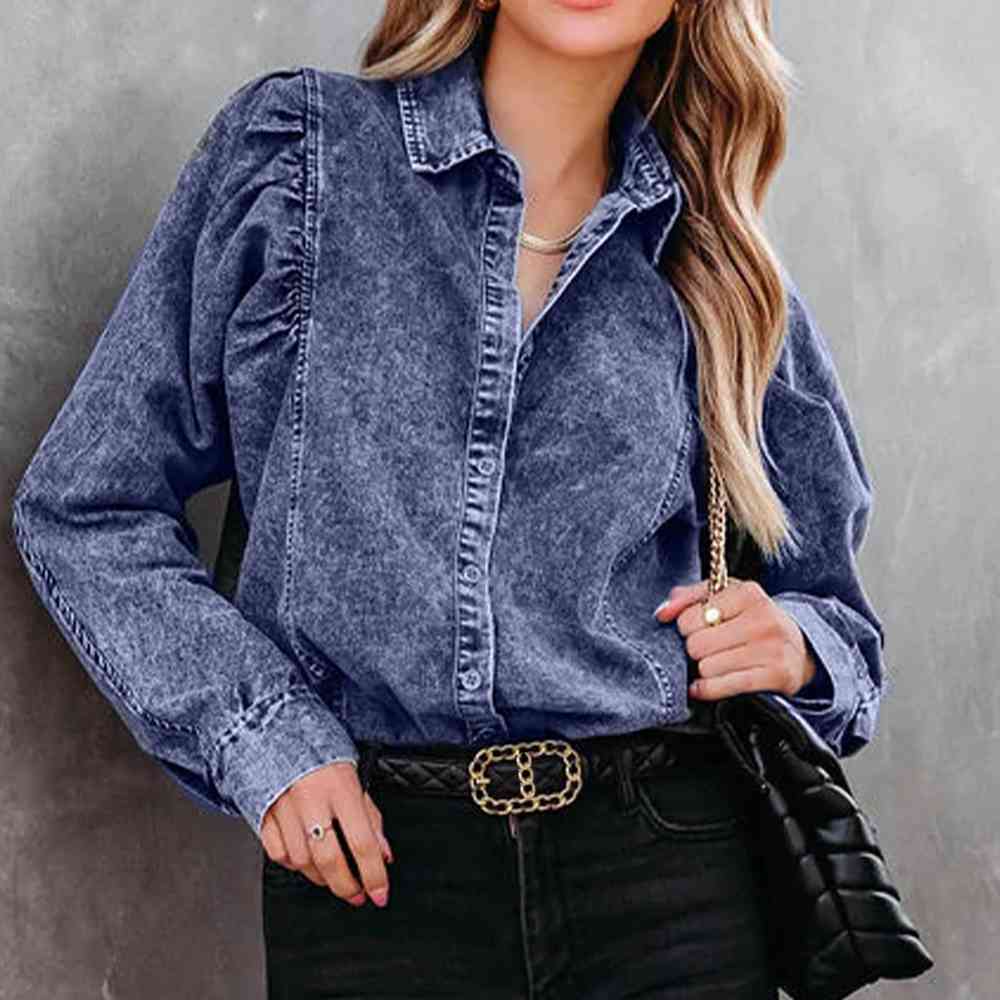 Collared Neck Buttoned Denim Shirt Bazaarbey