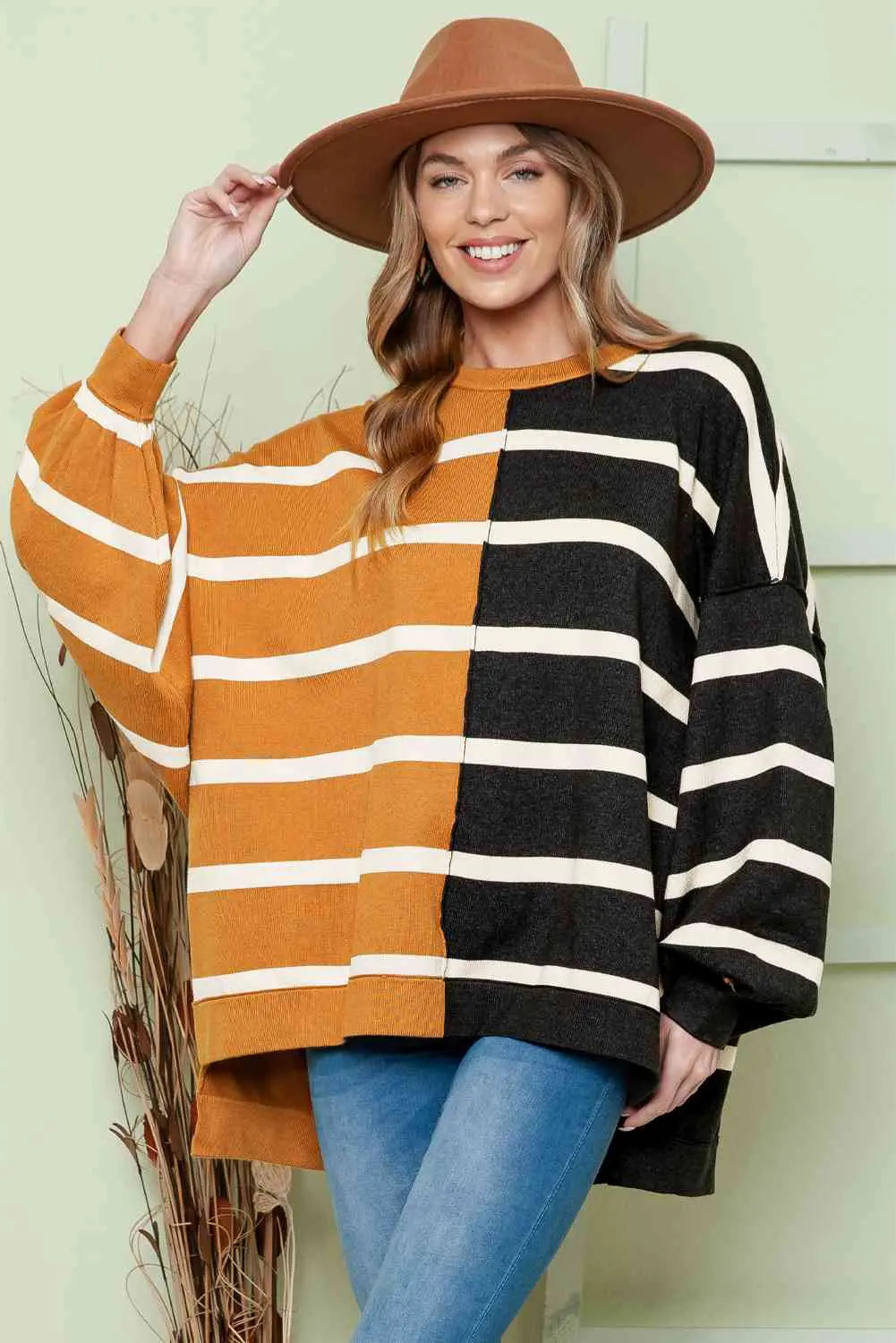 BazaarBey Striped Dropped Shoulder Round Neck Blouse Bazaarbey