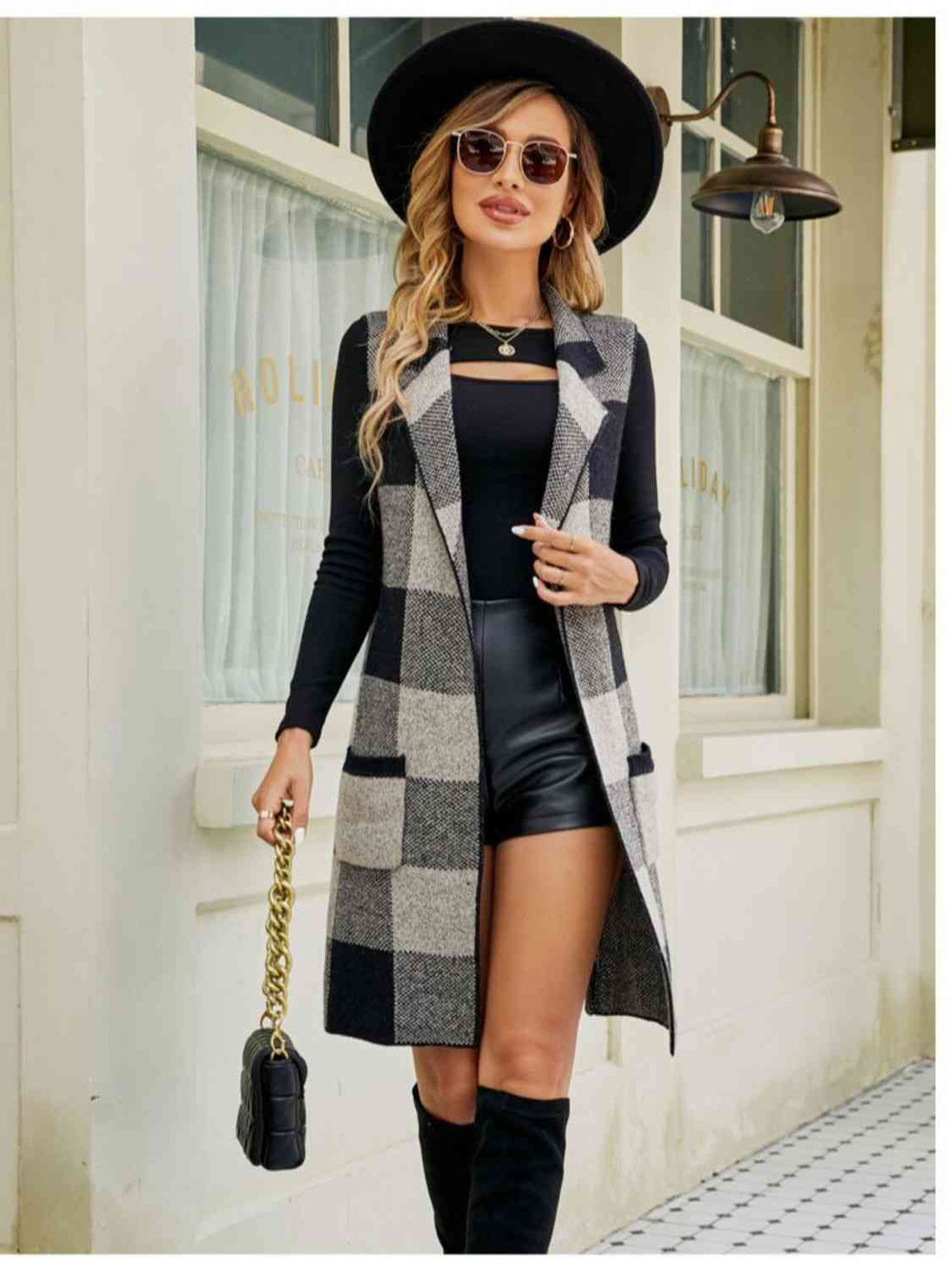 BazaarBey Plaid Lapel Collar Sleeveless Cardigan Bazaarbey