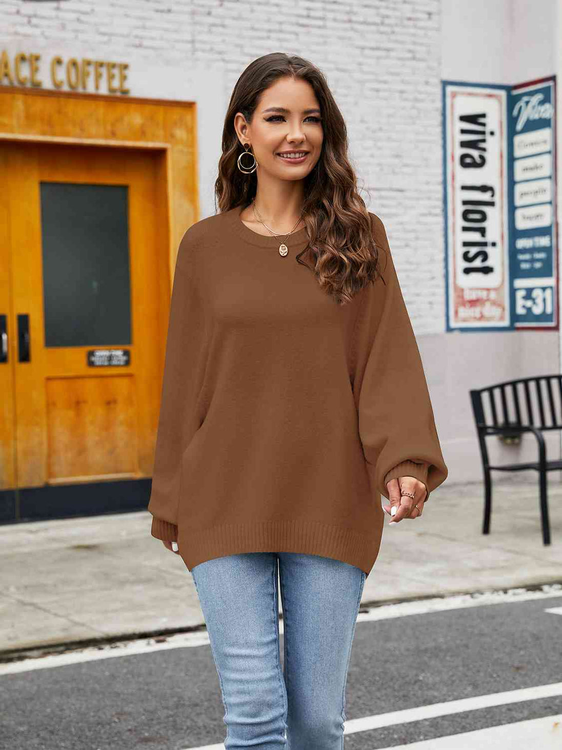 Round Neck Ribbed Trim Sweater Bazaarbey