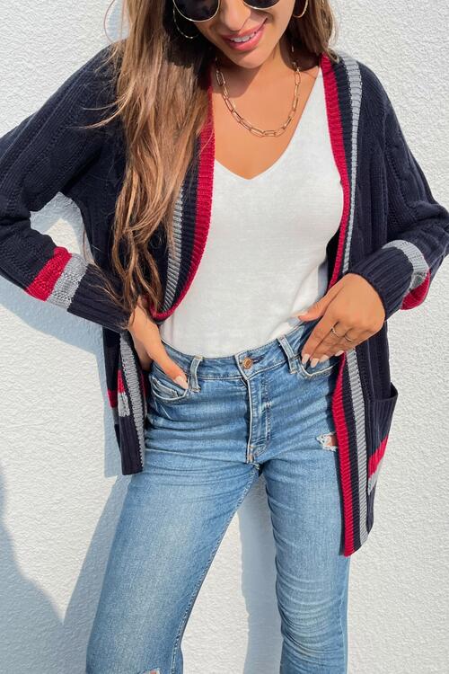  Striped Long Sleeve Cardigan Trendsi