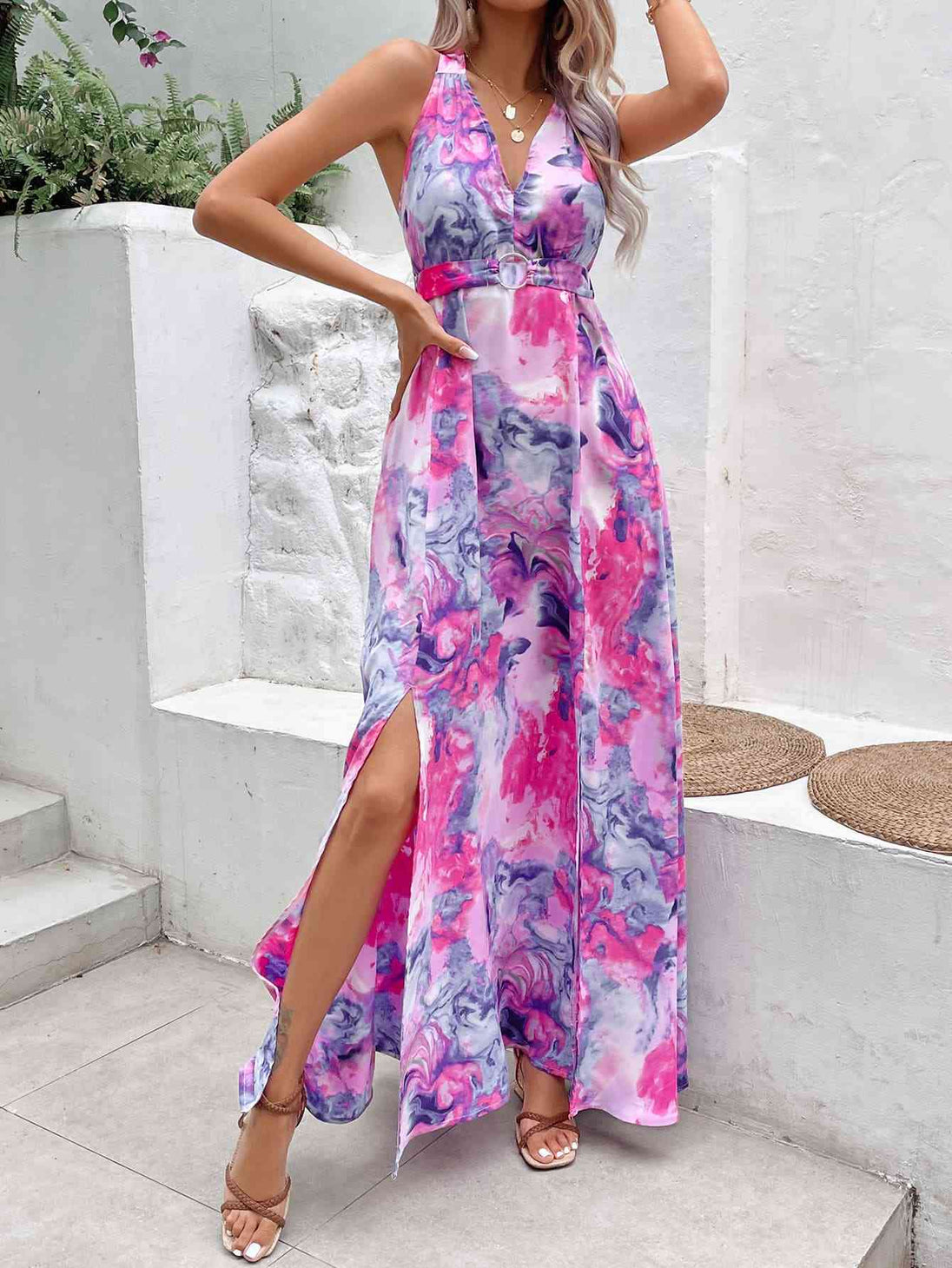 Printed Open Back Slit Sleeveless Dress Bazaarbey