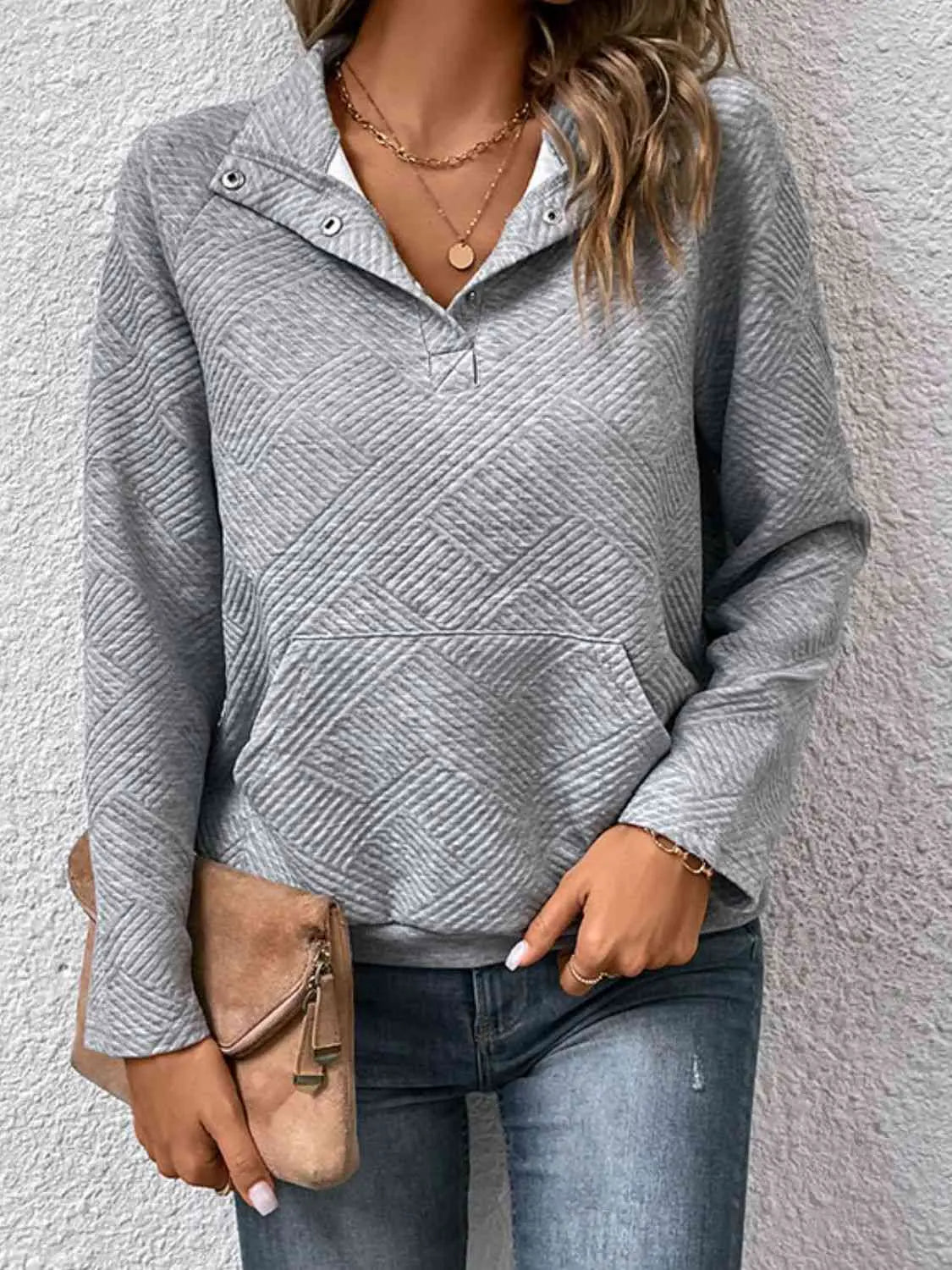 Half Buttoned Collared Neck Sweatshirt with Pocket Bazaarbey