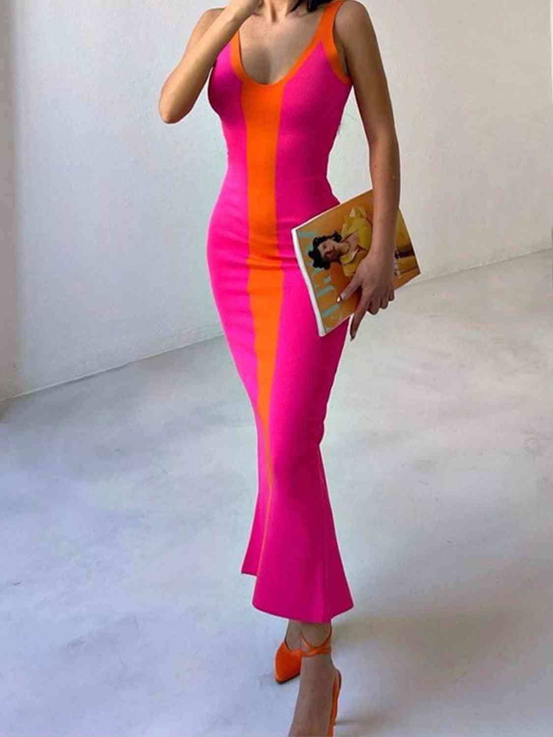 Contrast Wide Strap Slit Midi Dress -BazaarBey - www.shopbazaarbey.com