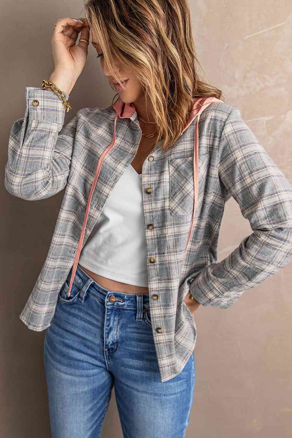 Plaid Drawstring Hooded Shirt Jacket Trendsi