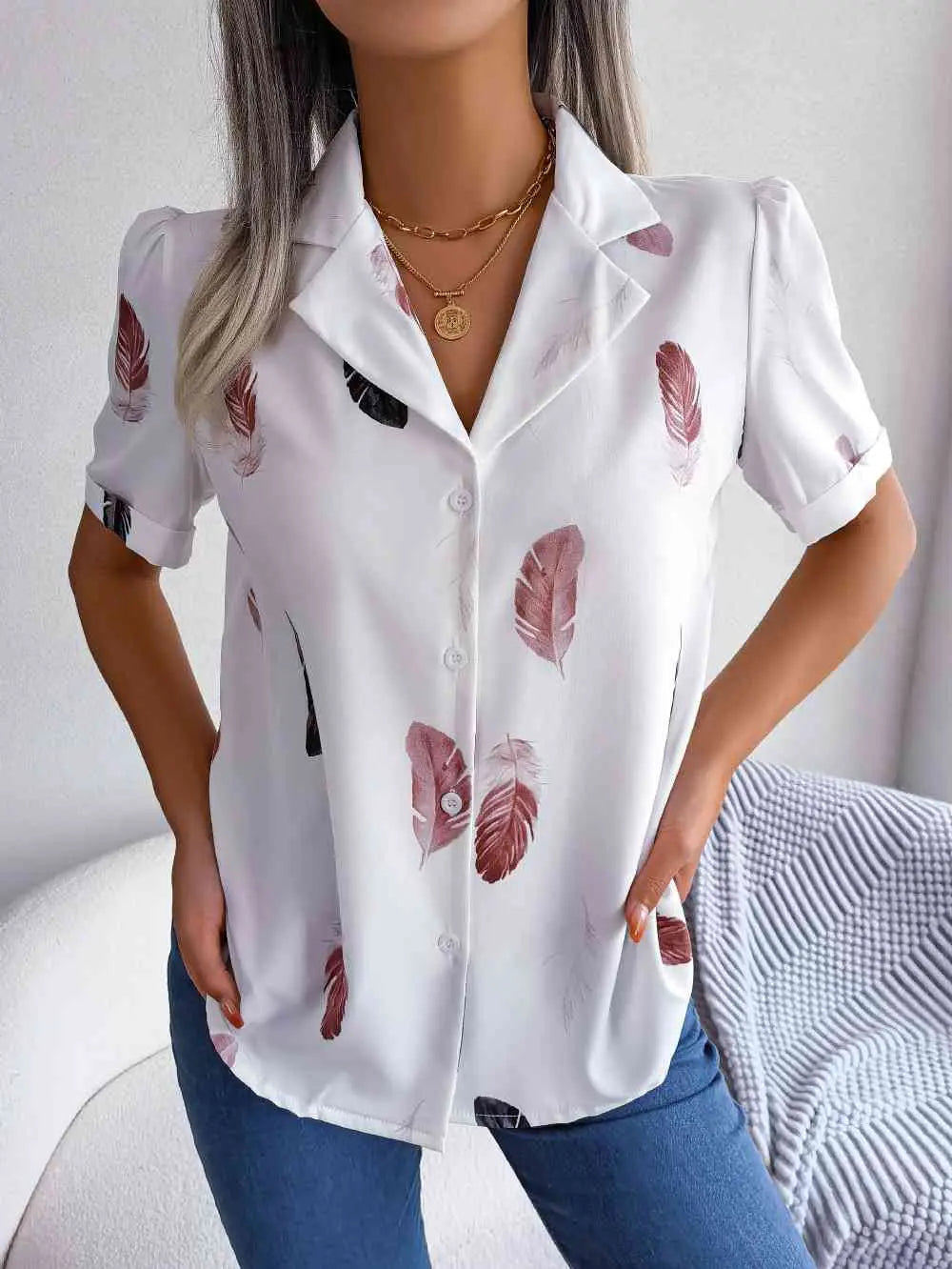 Feather Print Lapel Collar Puff Sleeve Shirt Bazaarbey