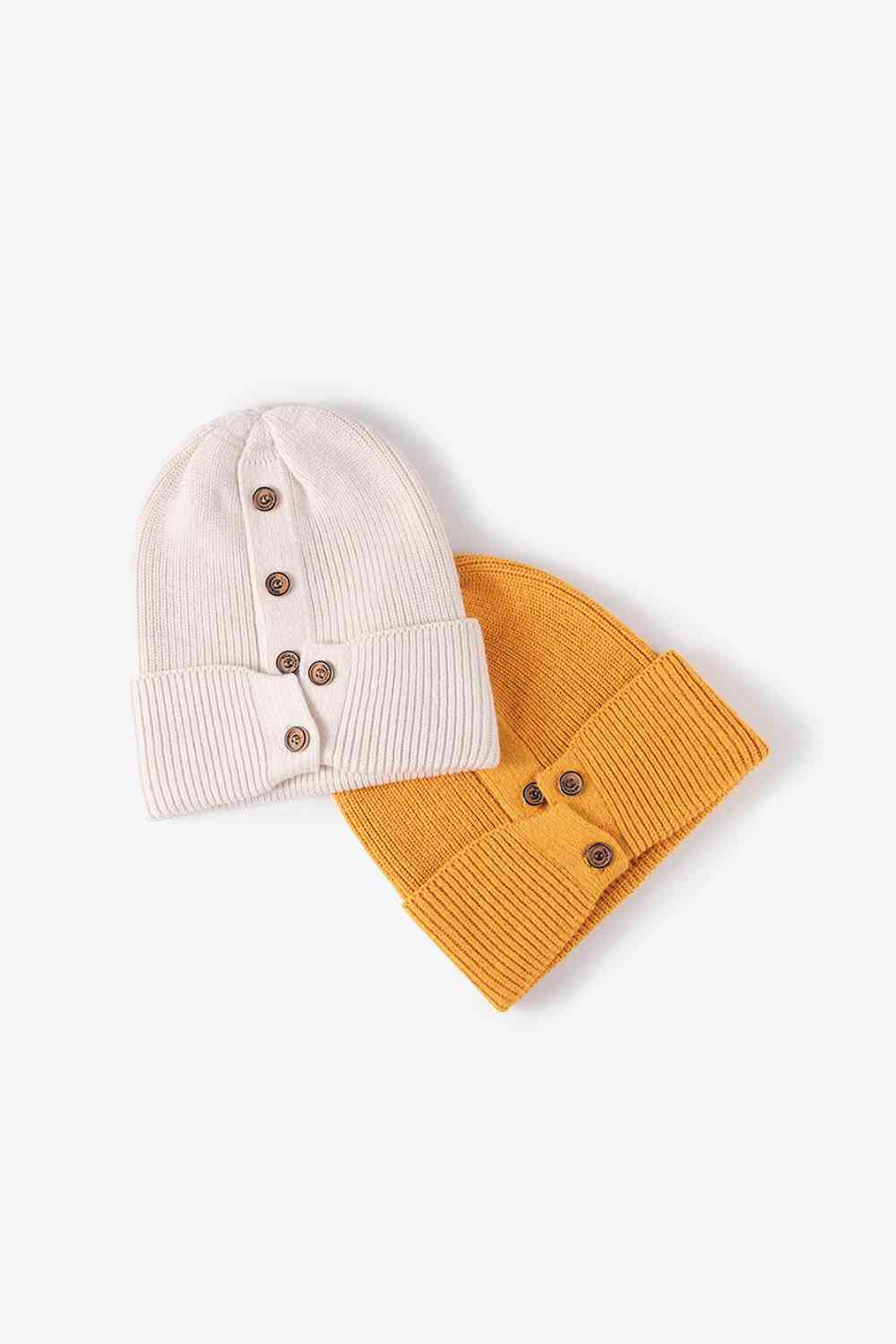 Button Detail Rib-Knit Cuff Beanie Trendsi