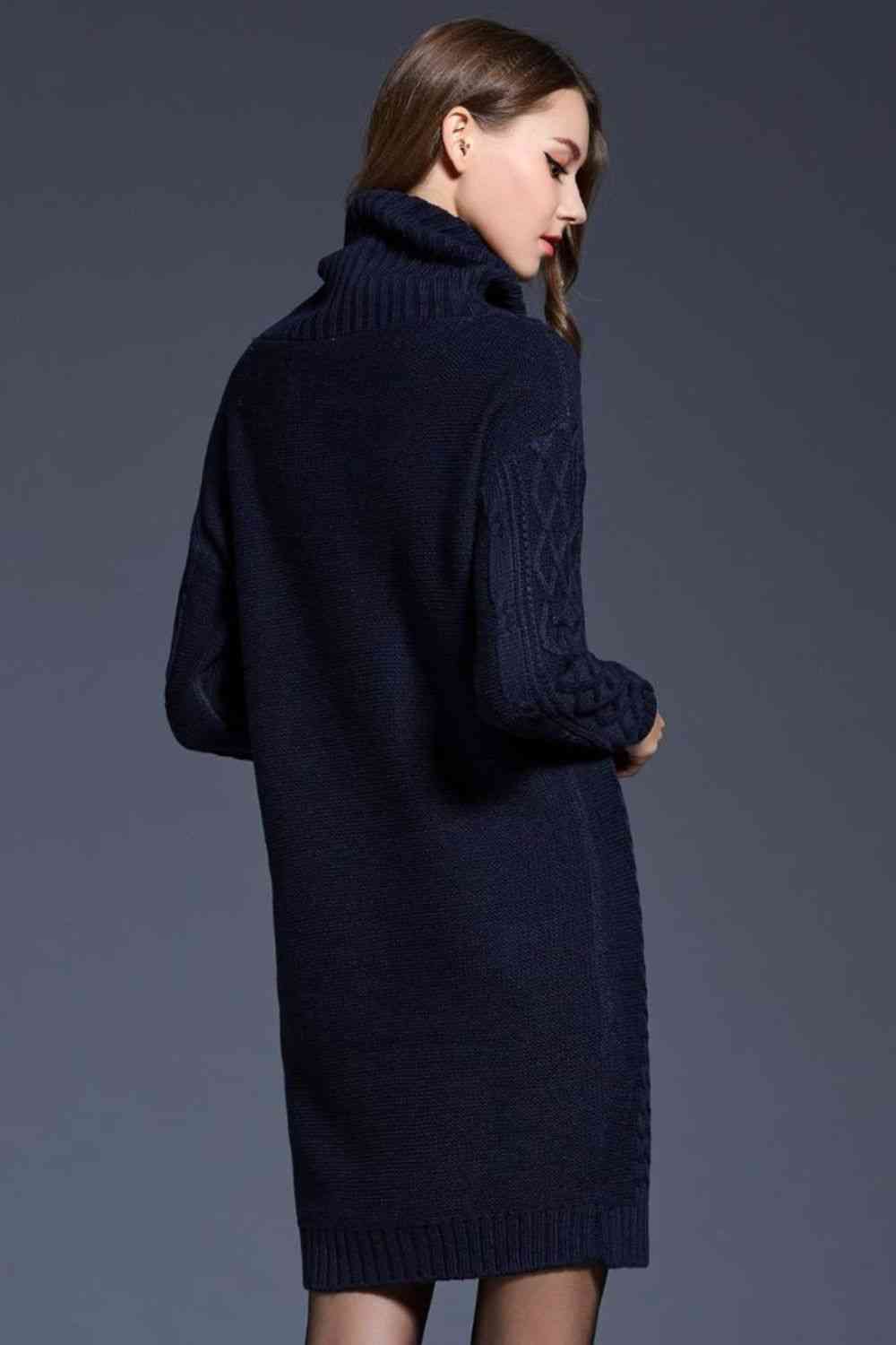 Woven Right Full Size Mixed Knit Cowl Neck Dropped Shoulder Sweater Dress Bazaarbey