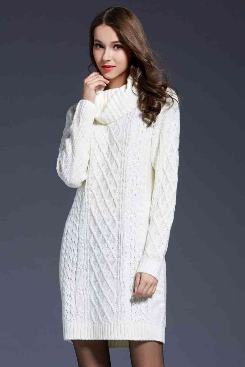 Woven Right Full Size Mixed Knit Cowl Neck Dropped Shoulder Sweater Dress Bazaarbey