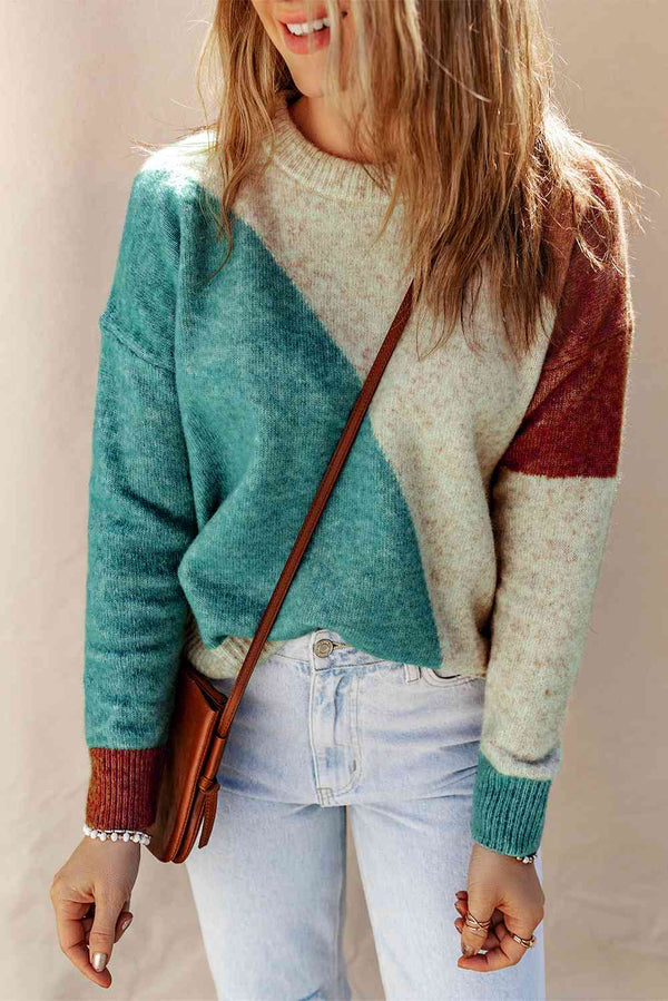 Color Block Round Neck Dropped Shoulder Pullover Sweater Bazaarbey