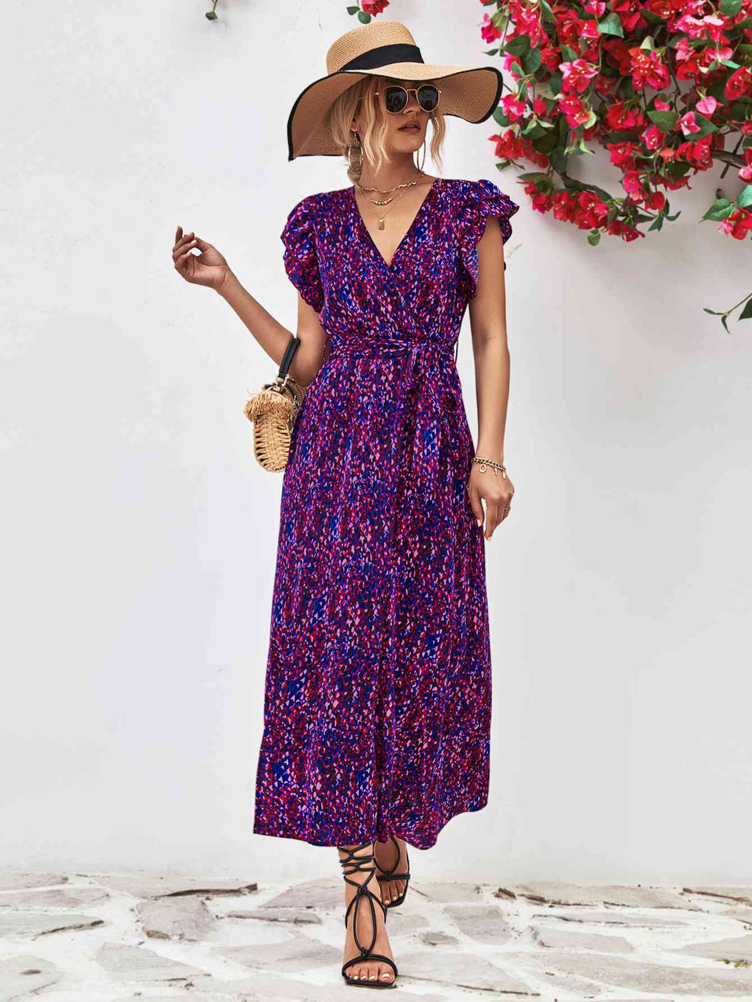 Printed  Neck Flutter Sleeve Slit Dress -BazaarBey - www.shopbazaarbey.com