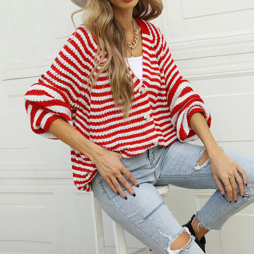 Striped Button Down Long Sleeve Cardigan Trendsi