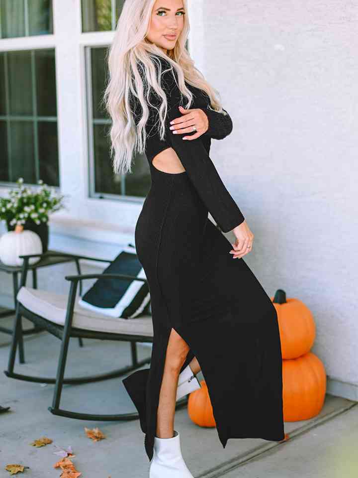 Cutout Round Neck Long Sleeve Slit Maxi Dress -BazaarBey - www.shopbazaarbey.com