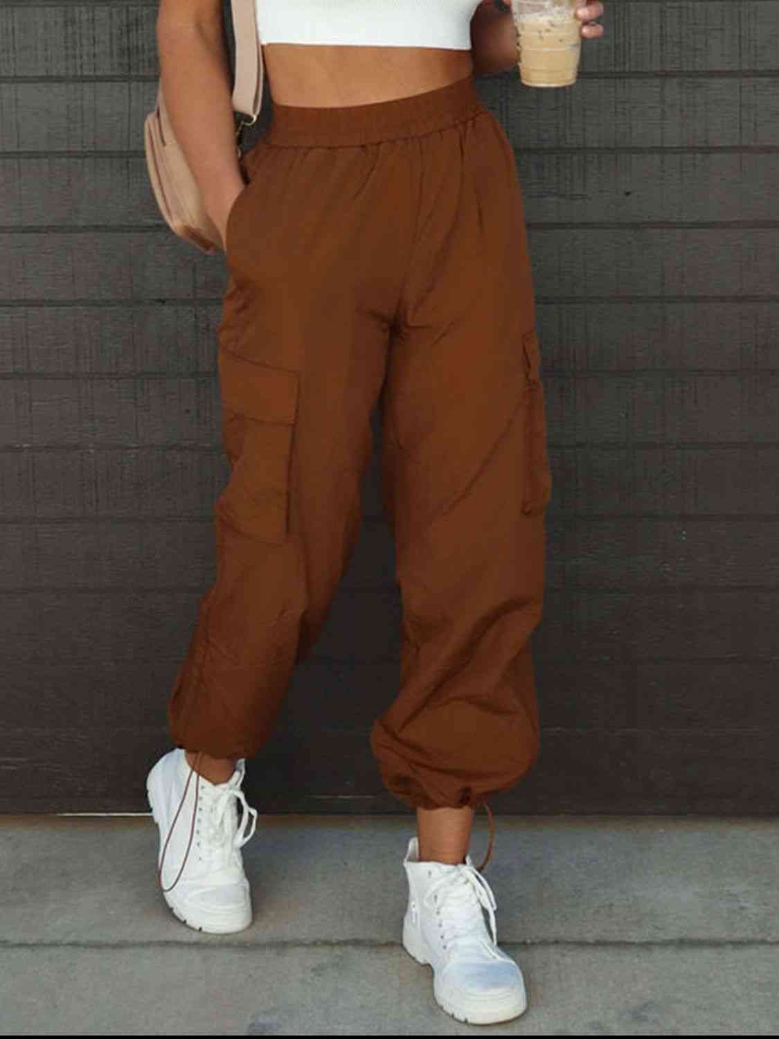 High Waist Drawstring Pants with Pockets Bazaarbey