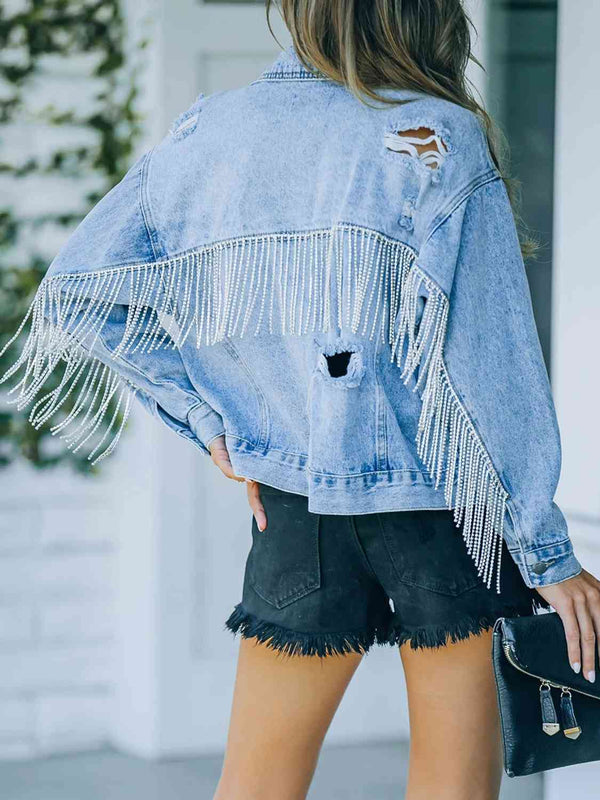 Distressed Fringe Denim Jacket Bazaarbey