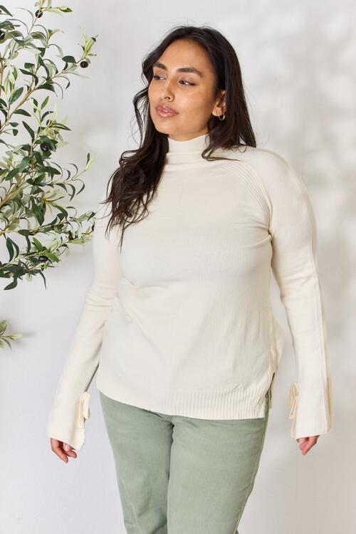 Heimish Full Size Ribbed Bow Detail Long Sleeve Turtleneck Knit Top Bazaarbey