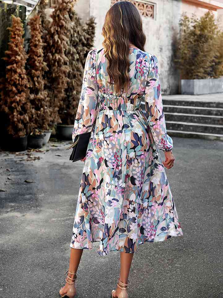 Printed V-Neck Long Sleeve Midi Dress -BazaarBey - www.shopbazaarbey.com