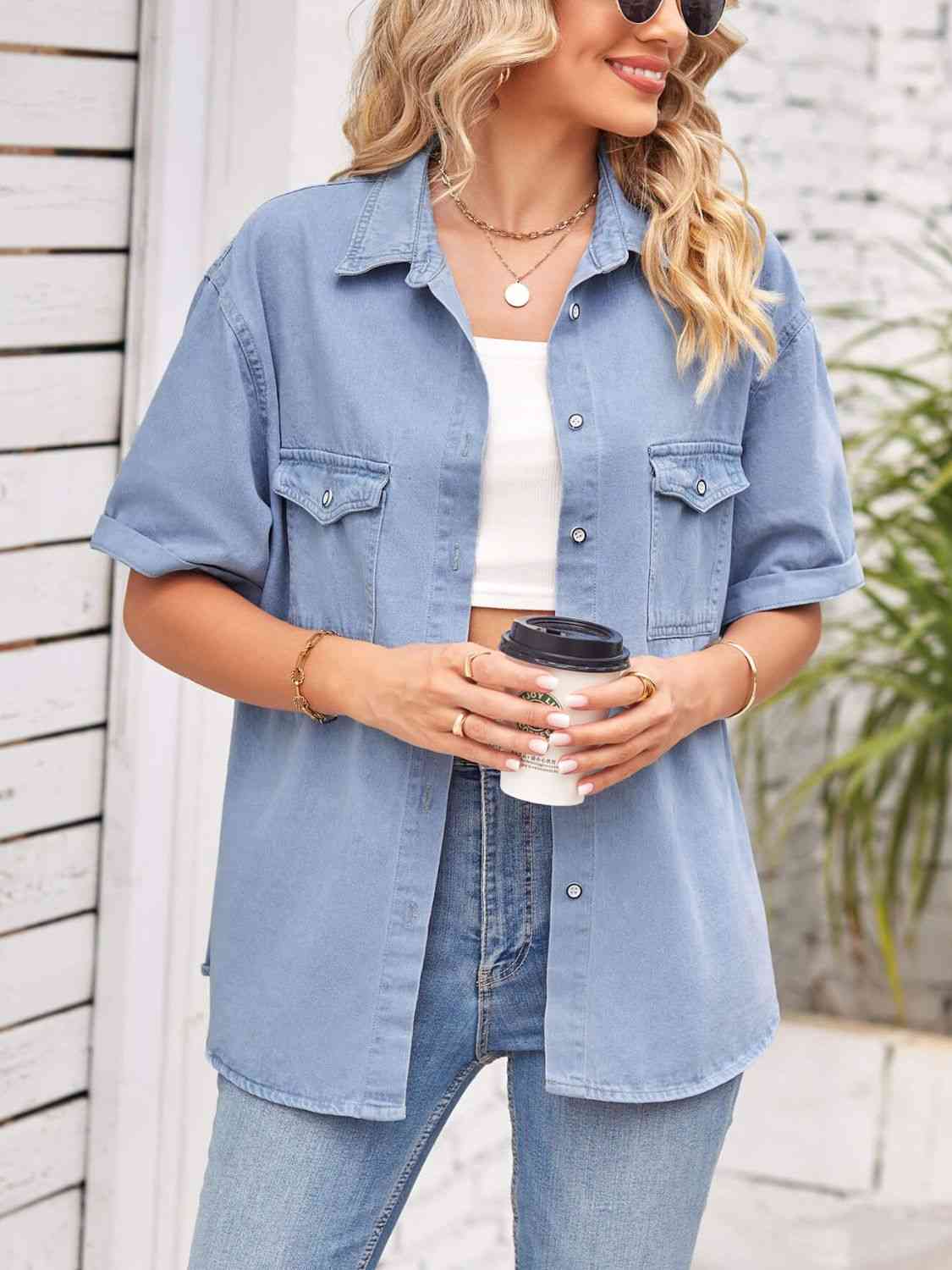 Collared Neck Short Sleeve Denim Jacket Bazaarbey