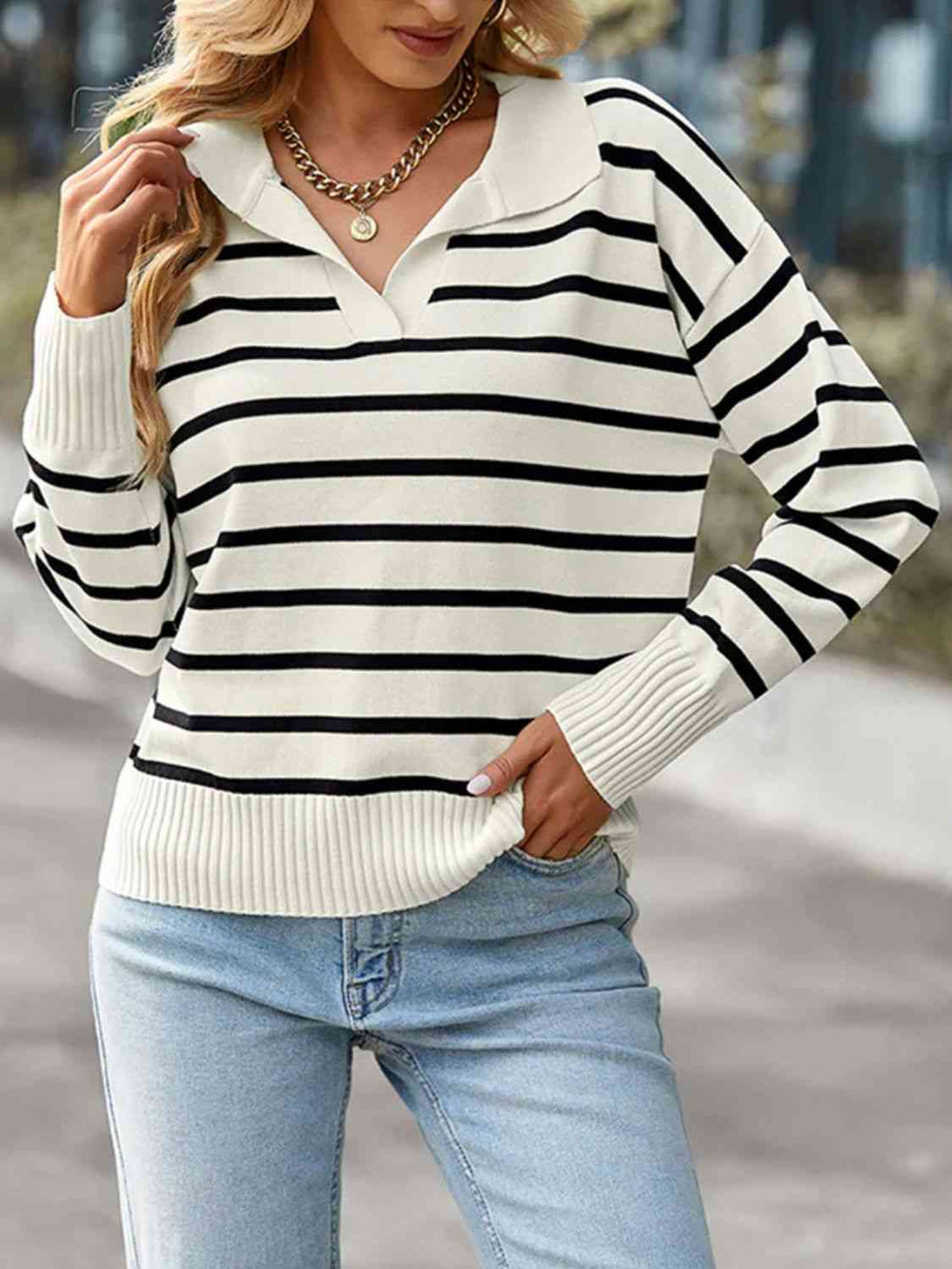 Striped Collared Neck Knit Top Bazaarbey