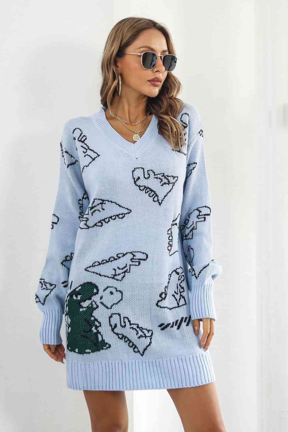 Dinosaur Pattern V-Neck Sweater Dress Bazaarbey