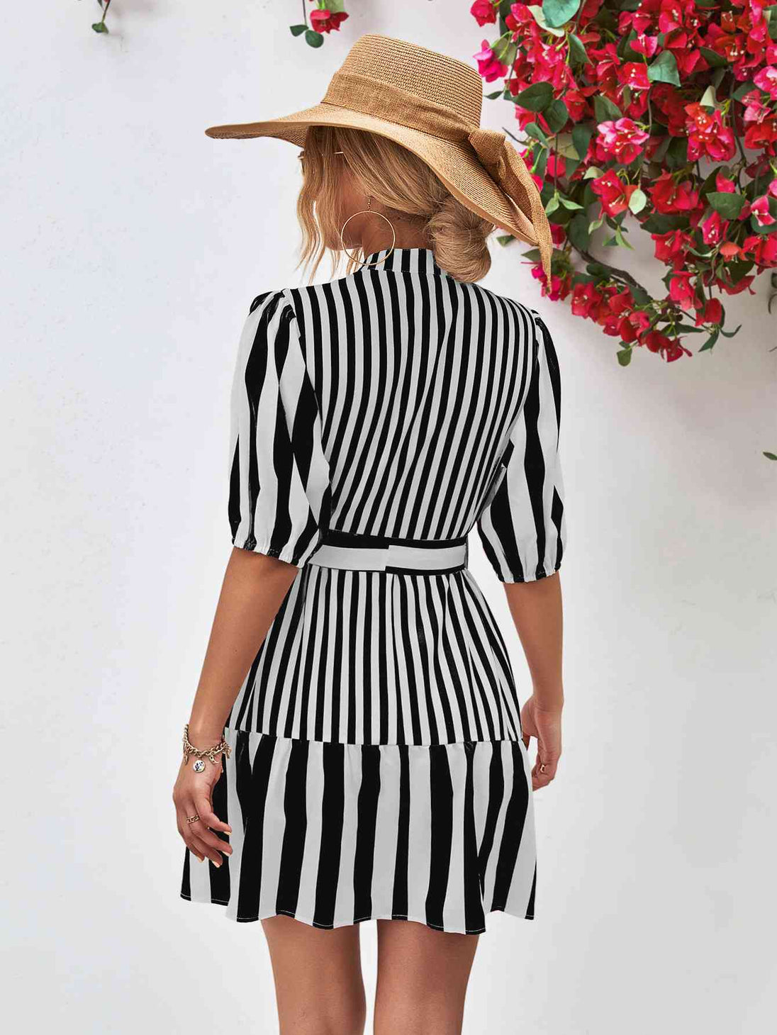 Striped Half Sleeve Tie Waist Mini Dress -BazaarBey - www.shopbazaarbey.com