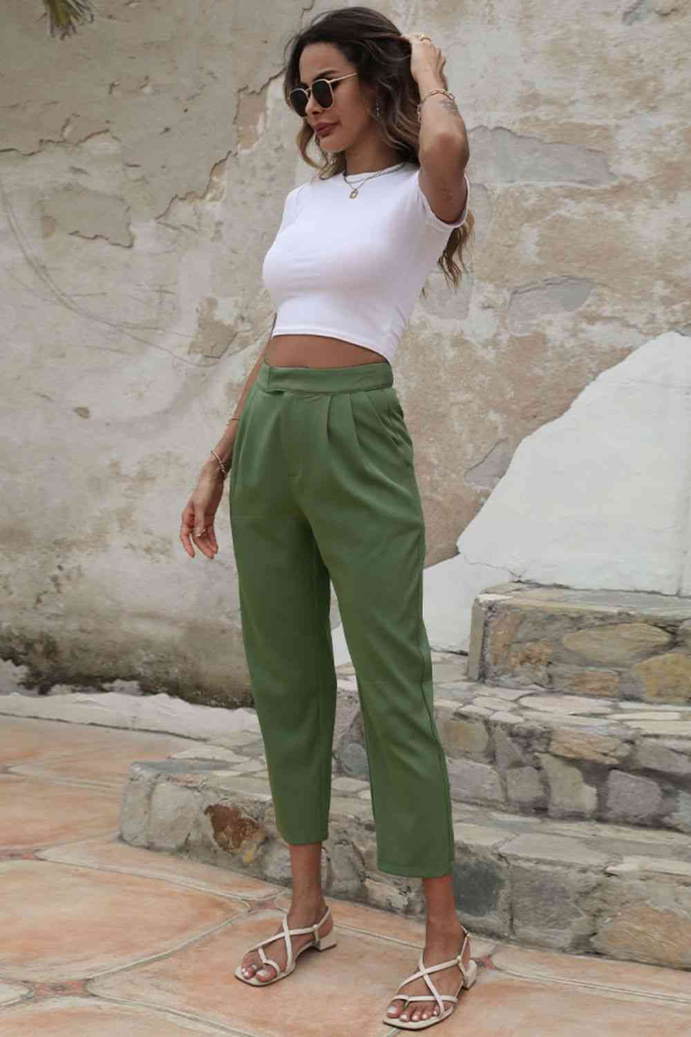 Straight Leg Cropped Pants with Pockets Bazaarbey