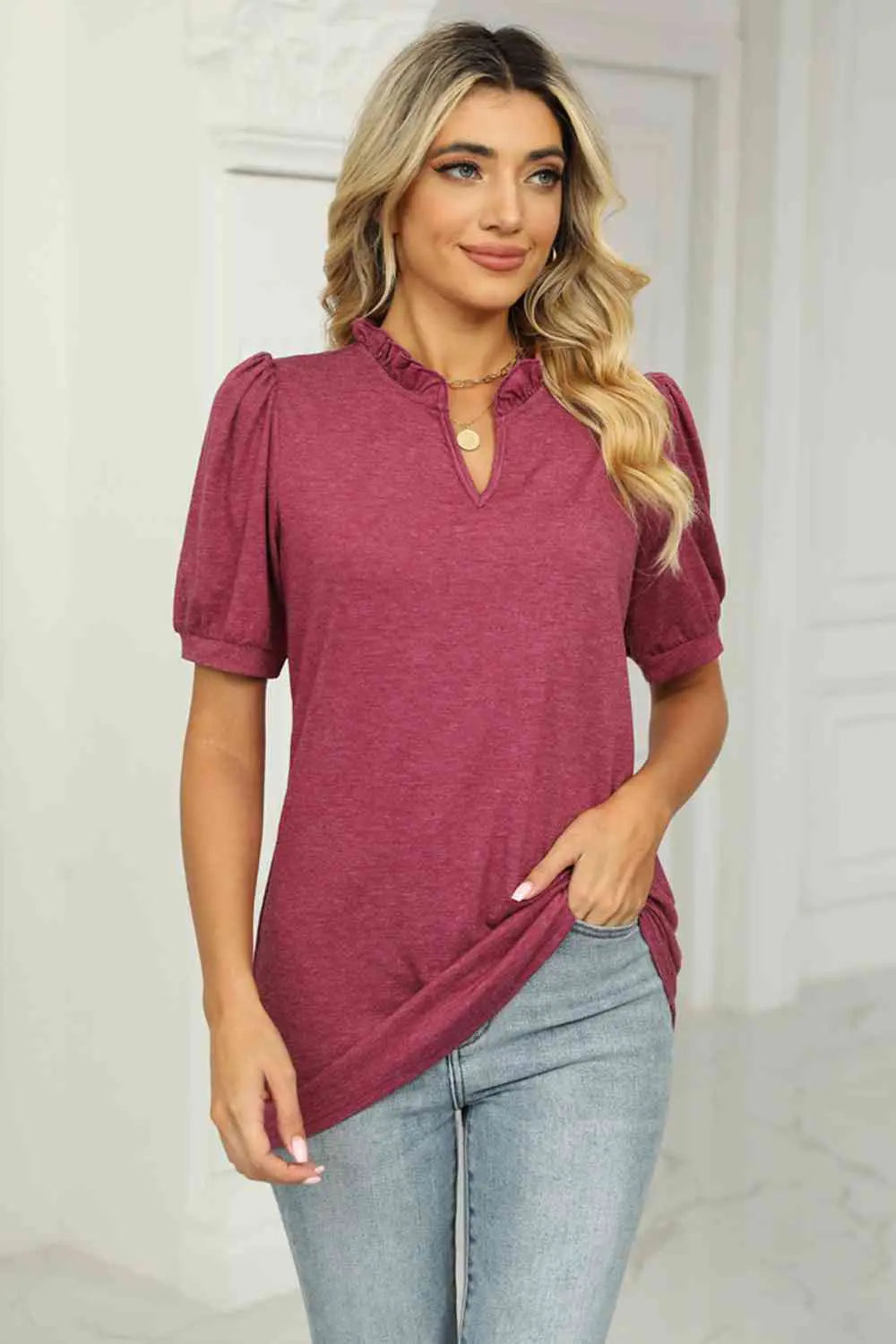 Notched Neck Puff Sleeve T-Shirt Bazaarbey